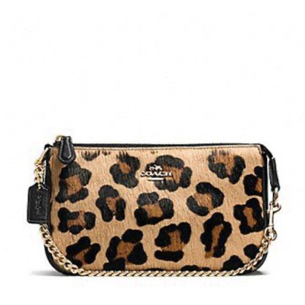 Coach Hair Calf Leopard Print Large Wristlet with Chsin Strap